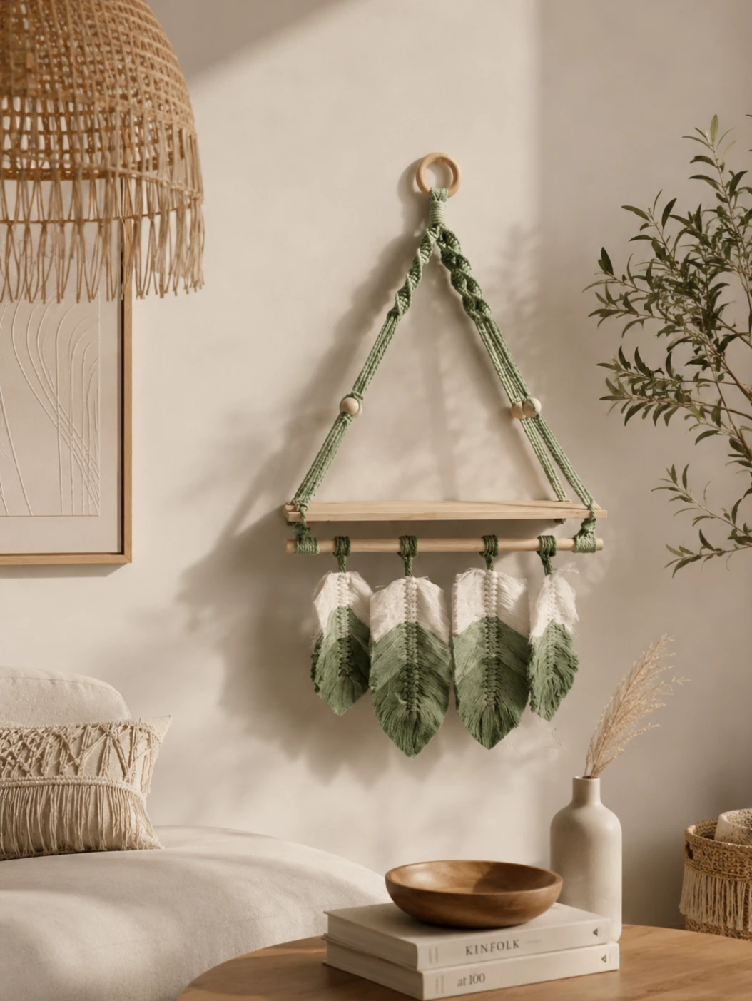 Boho Macrame Wall Shelf with Feather Dangles - photo 4