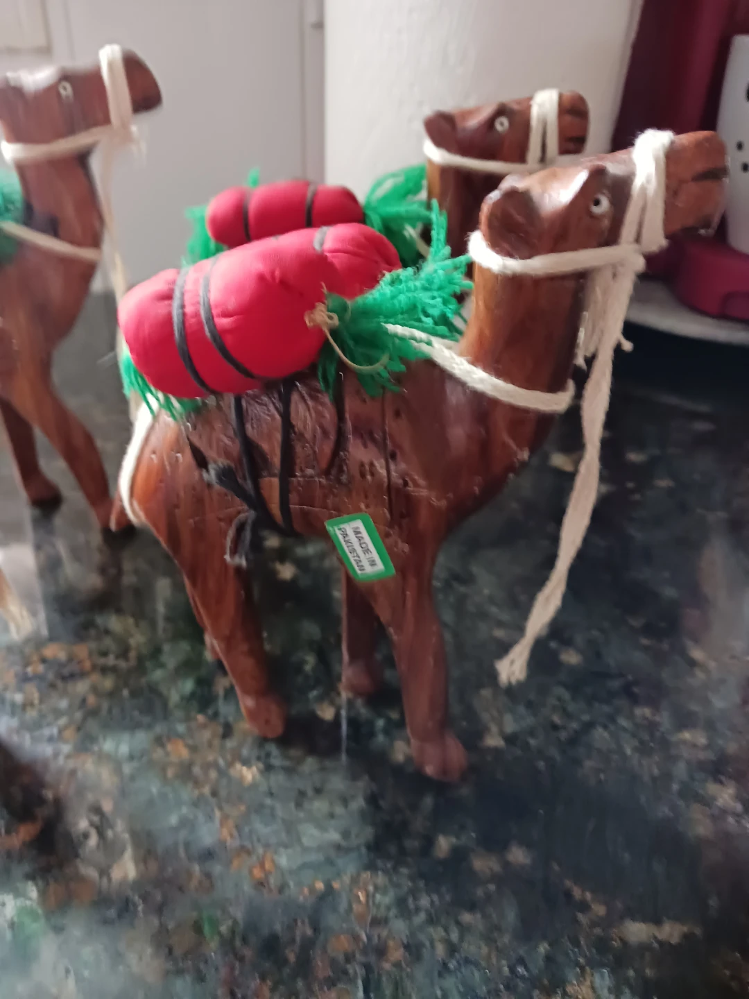 Set of 4 Decorative Wooden Camels with Red & Green Saddle Bags - photo 3