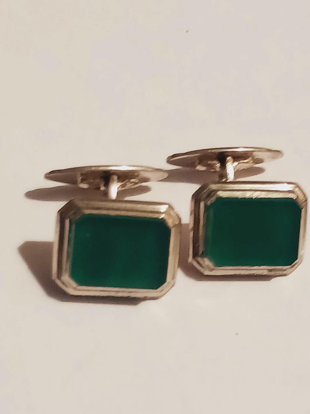 HM 835 Silver Signed Rectangular Green Stone Cufflinks - photo 2