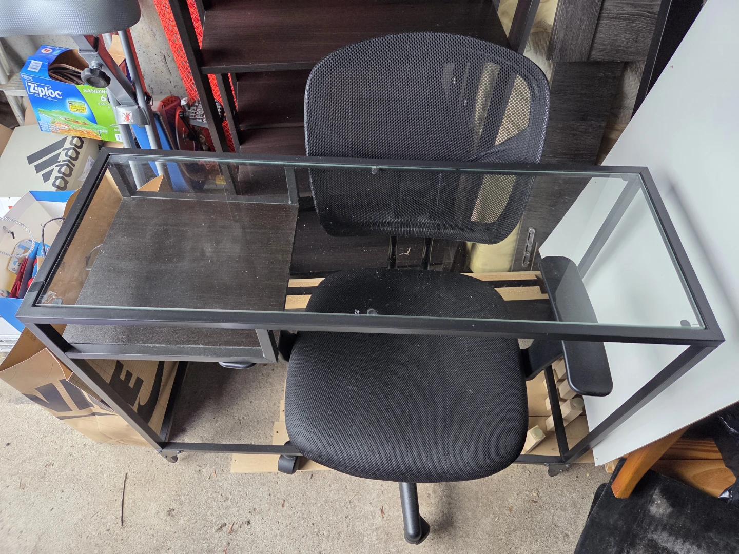 Glass top desk with metal frame & chair