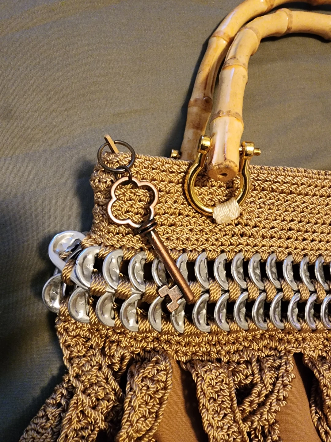 Crocheted Bag with Bamboo Handles and Soda Tab Accents - photo 3