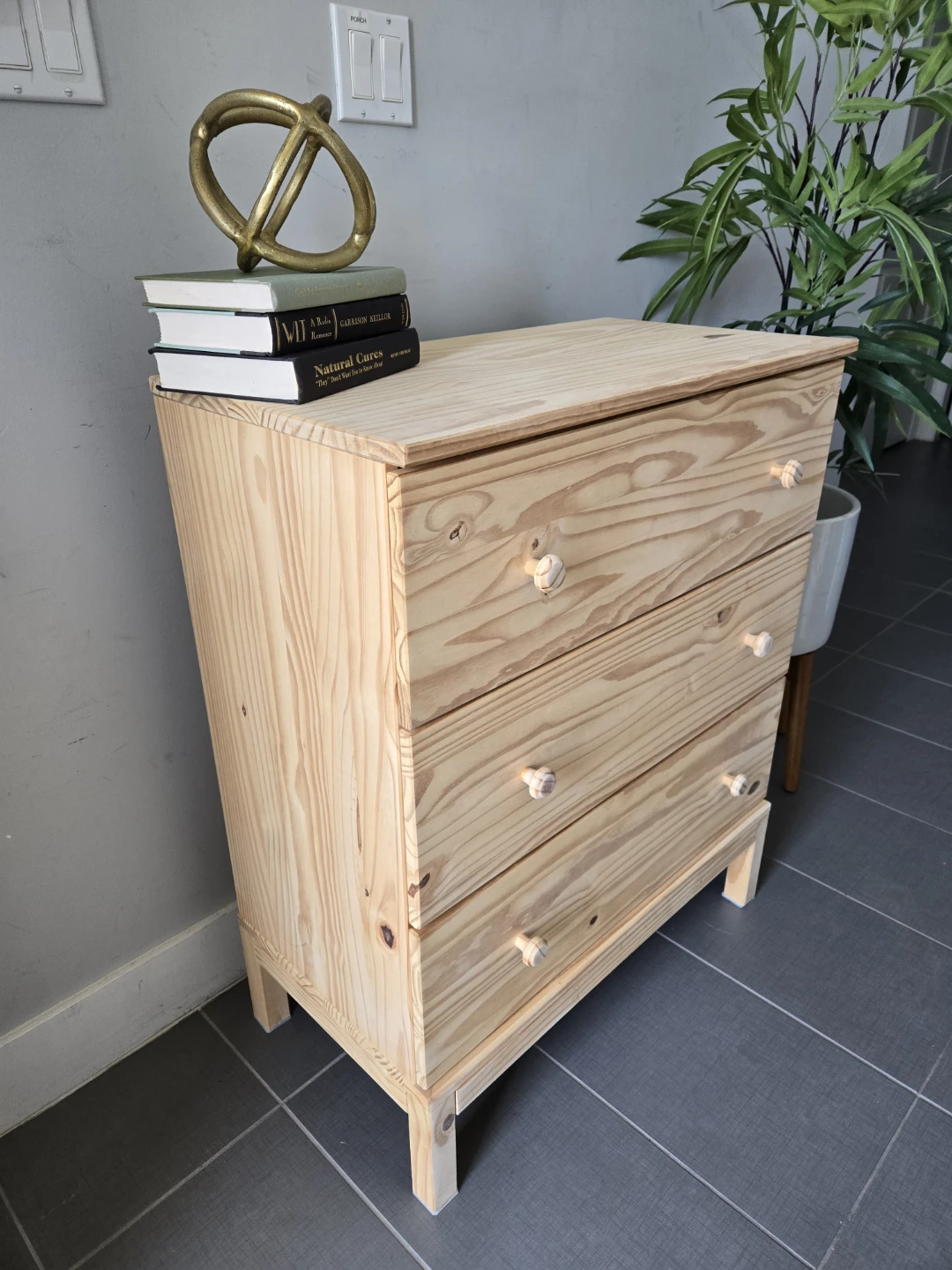 Newly sanded 3 drawer tarva dresser