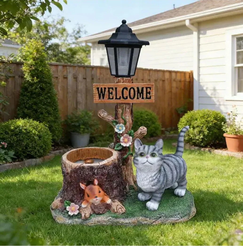 Solar Powered Cat and Squirrel Welcome Lamp Garden Decor