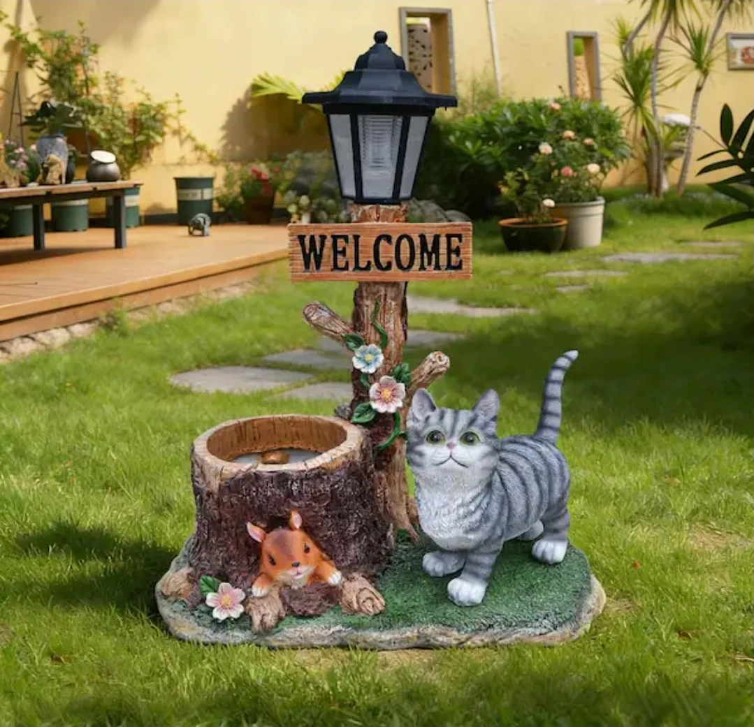 Solar Powered Cat and Squirrel Welcome Lamp Garden Decor - photo 3