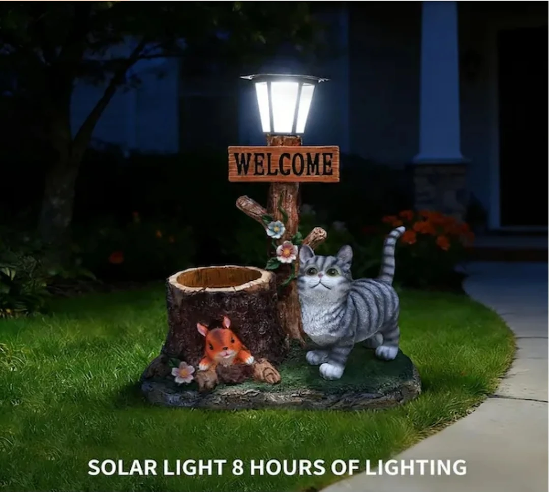 Solar Powered Cat and Squirrel Welcome Lamp Garden Decor - photo 5