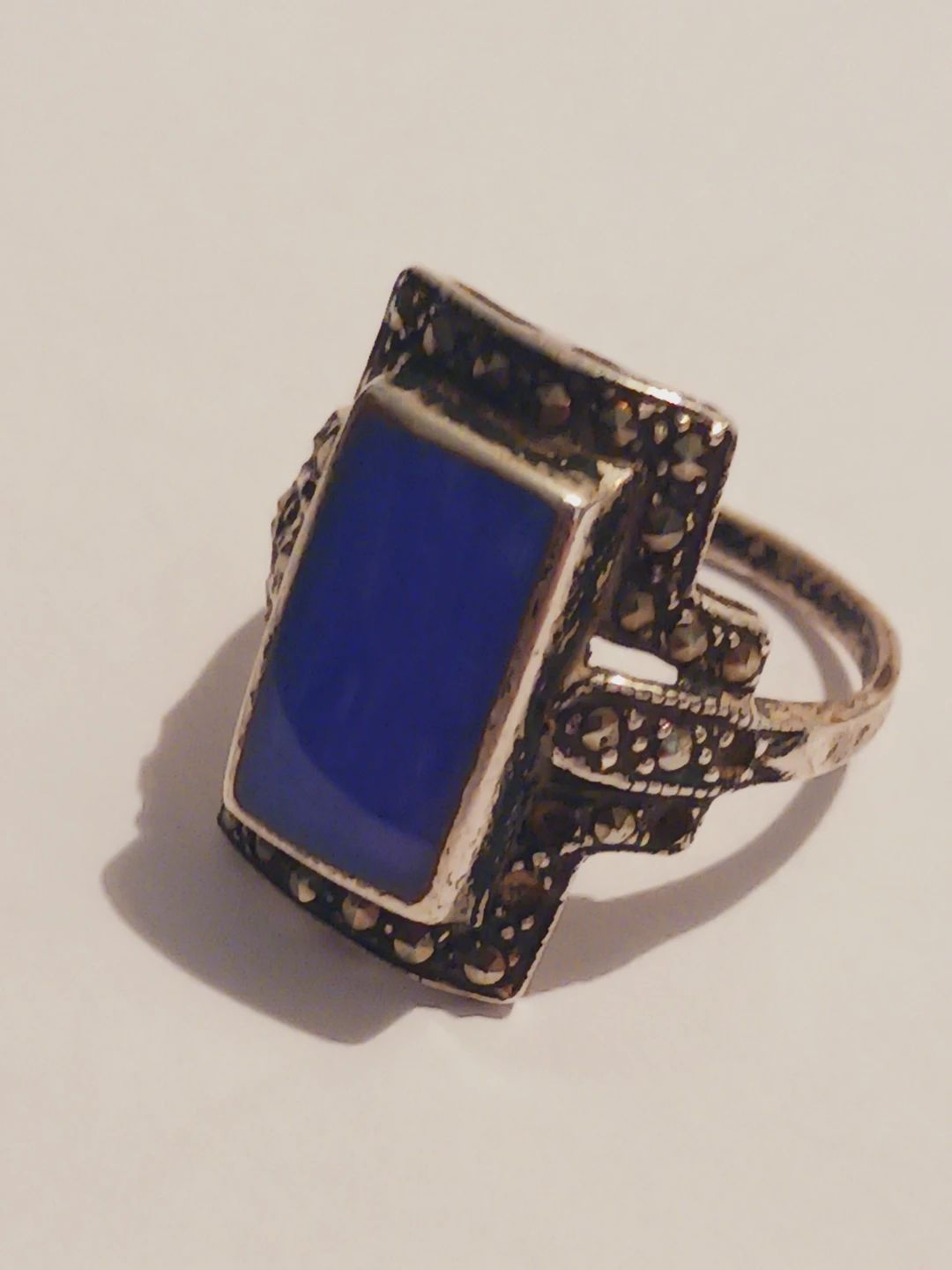 Art Deco Sterling Silver 925 Marcasites Lapis Lazuli Ring.7 - photo 2