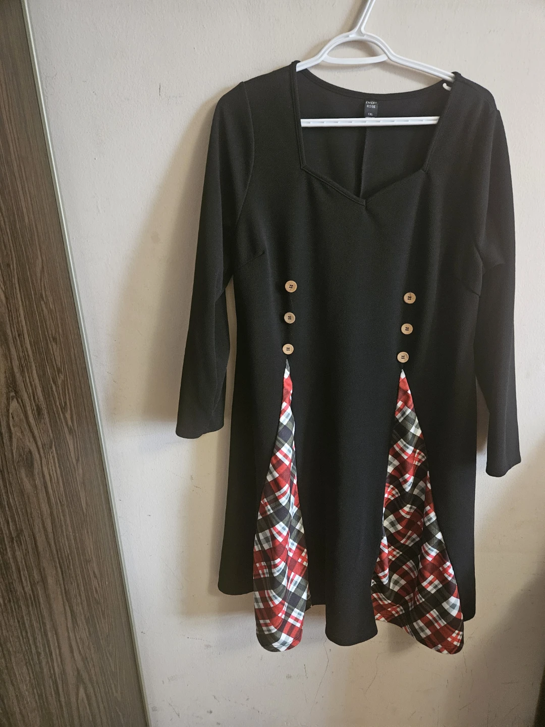 Black Long Sleeve Dress with Plaid Accents - photo 2