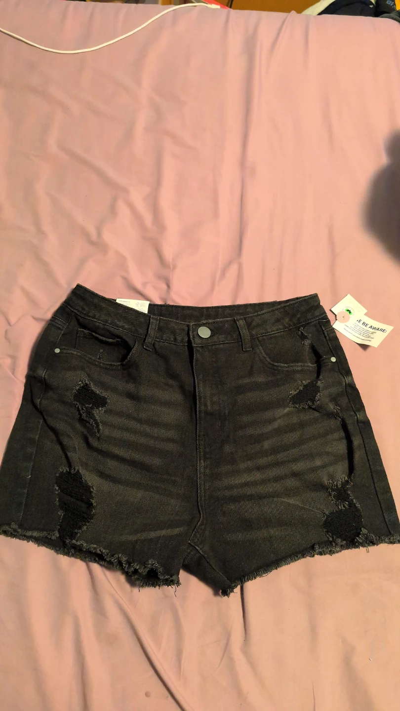 Brand New-Hi-Rise Ripped Denim Shorts - Black Size 13