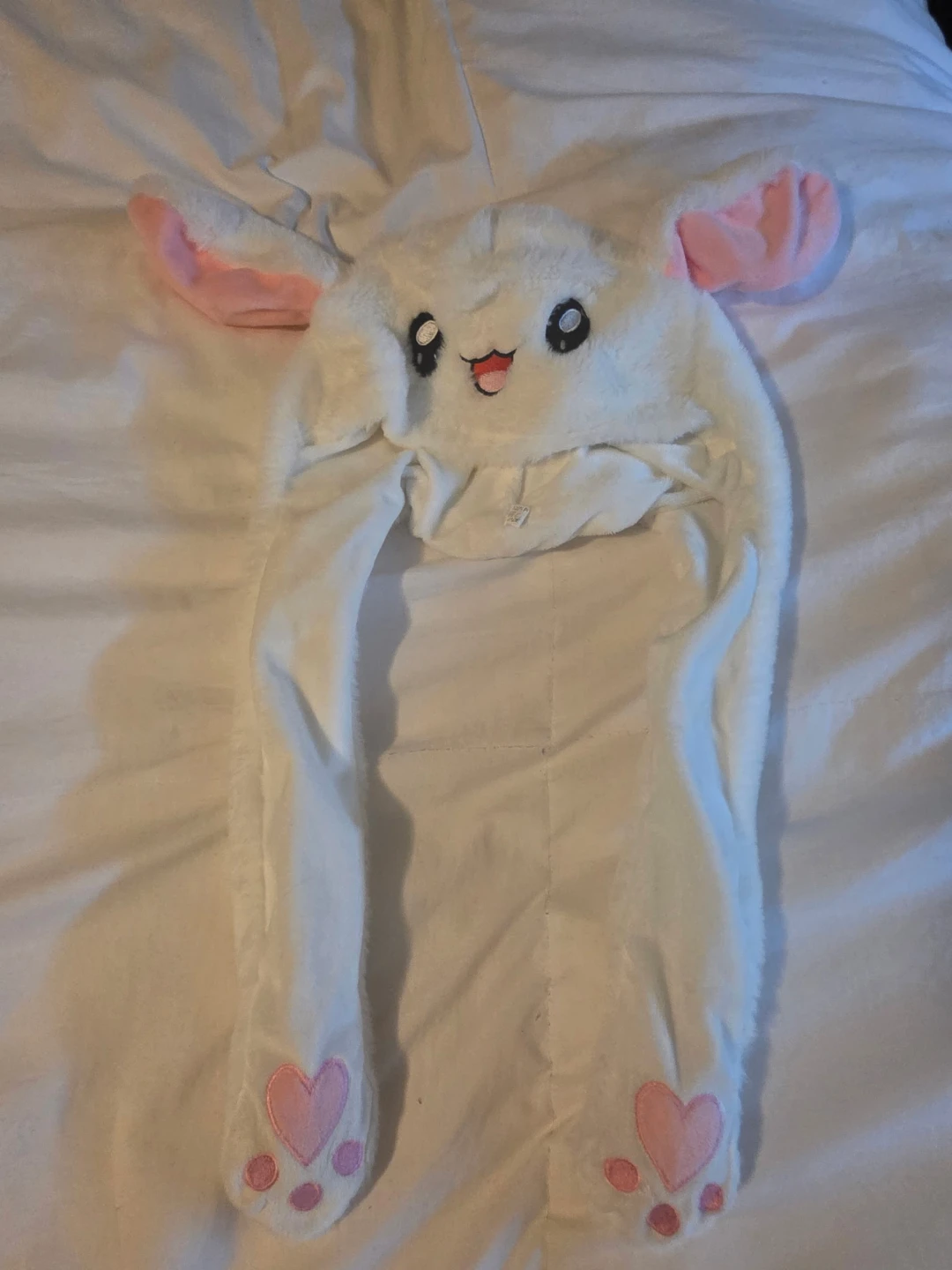 White Bunny Plush Hat with Pink Ears and Paws