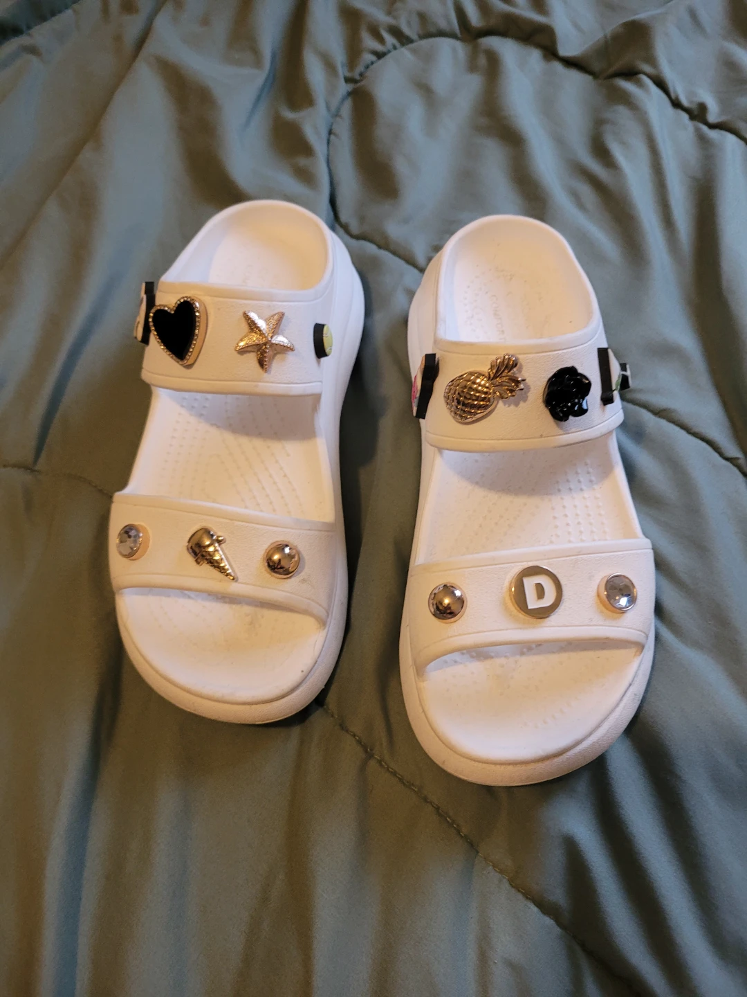 Platform White Crocs Sandals with Charms - Size 8
