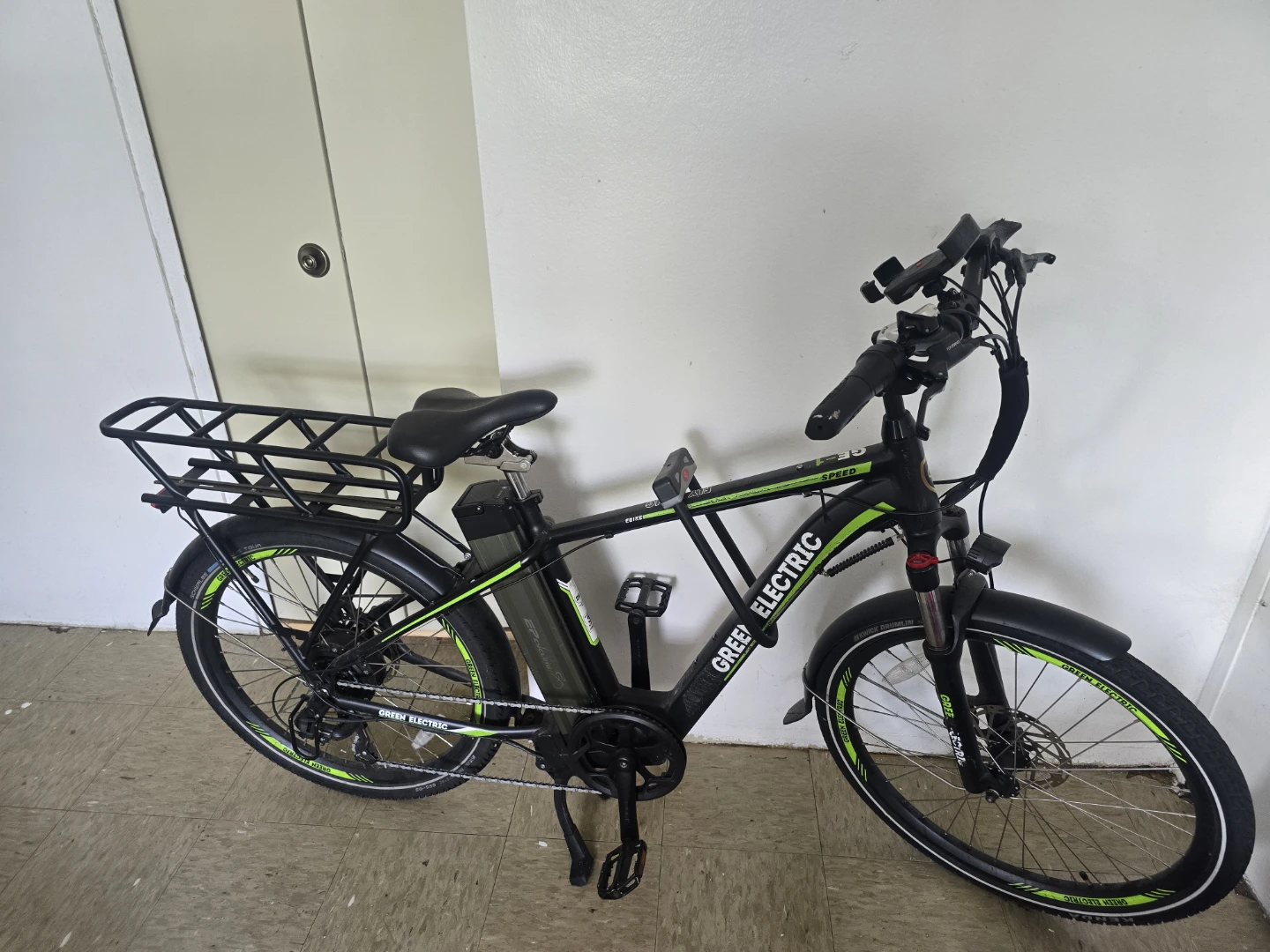 Green Electric E-Bike with Rack