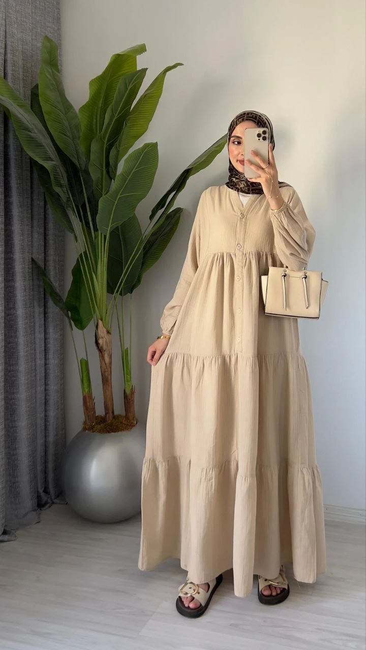 Tiered Button-Up Maxi Dress - Beige