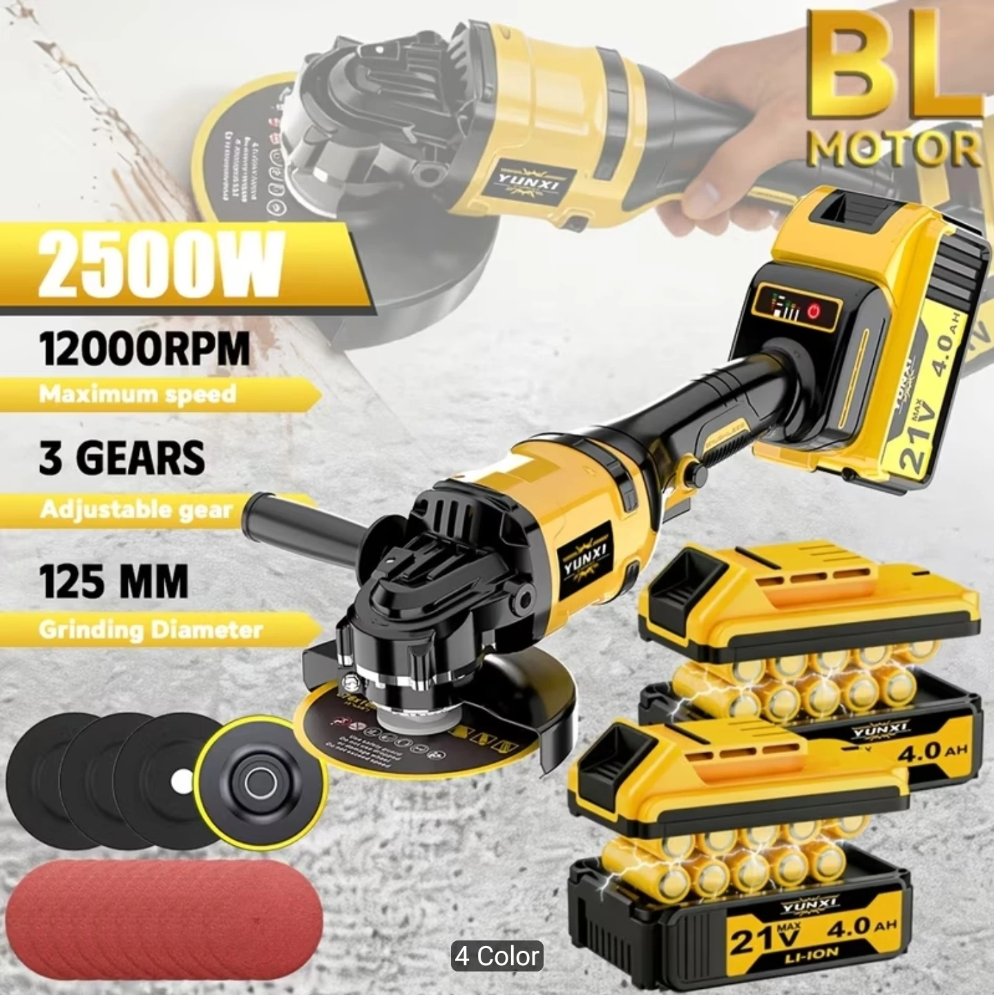 YUNXI Cordless Angle Grinder 21V 4.0AH BL Motor 125mm - photo 2