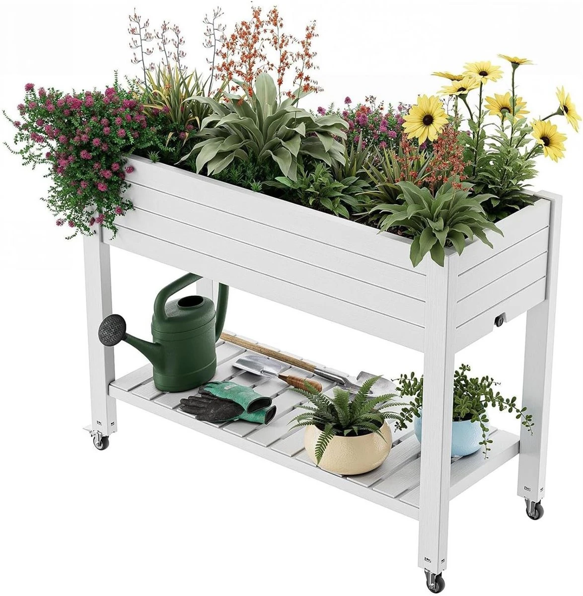 White Raised Garden Bed Planter with Wheels