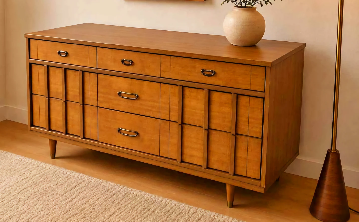MCM Walnut 9 Drawer Dresser With Brass Handles