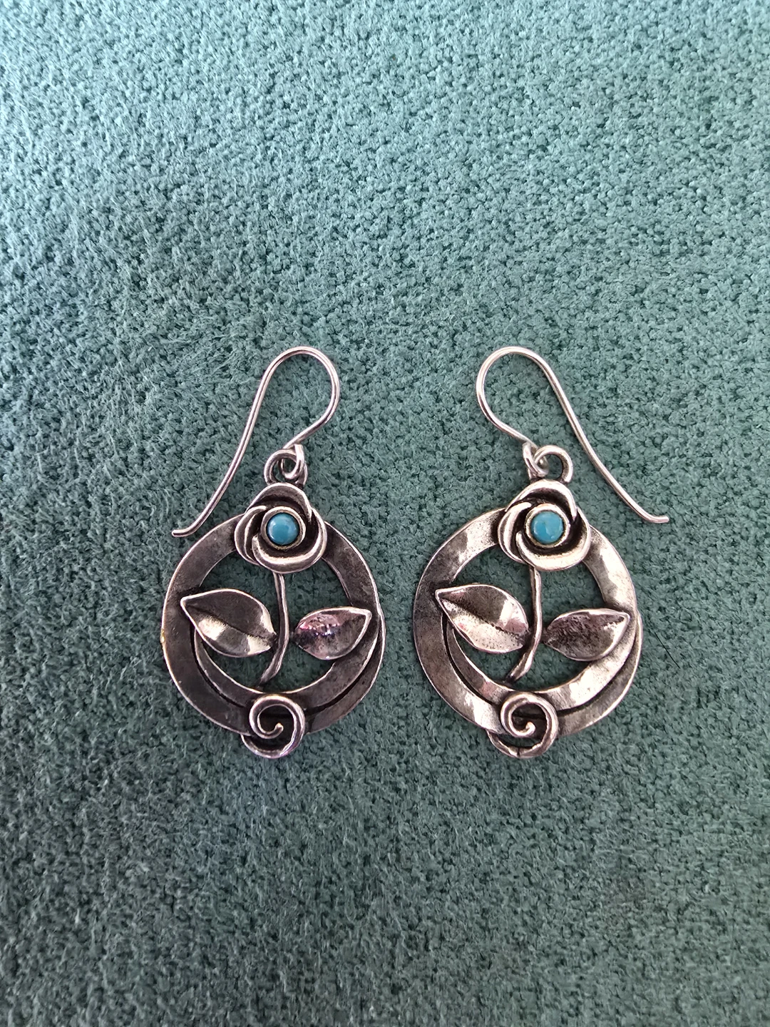 Silver Flower & Turquoise Dangle Earrings Artisan made in Israel
