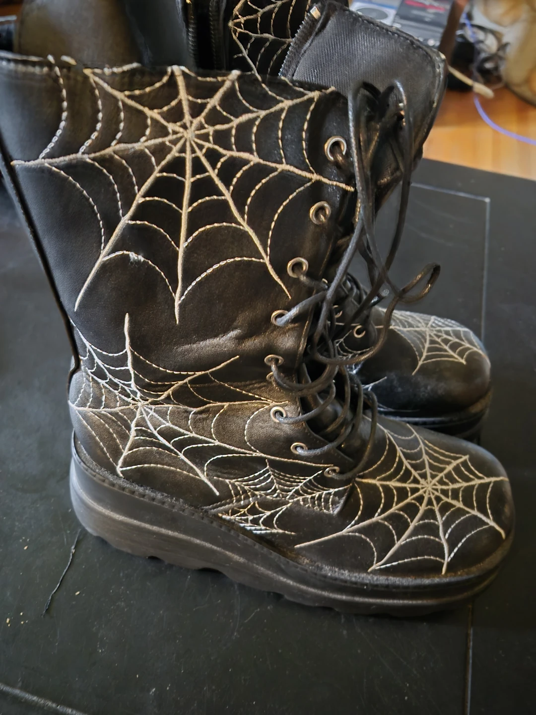 Black Combat Boots with White Spiderweb Design