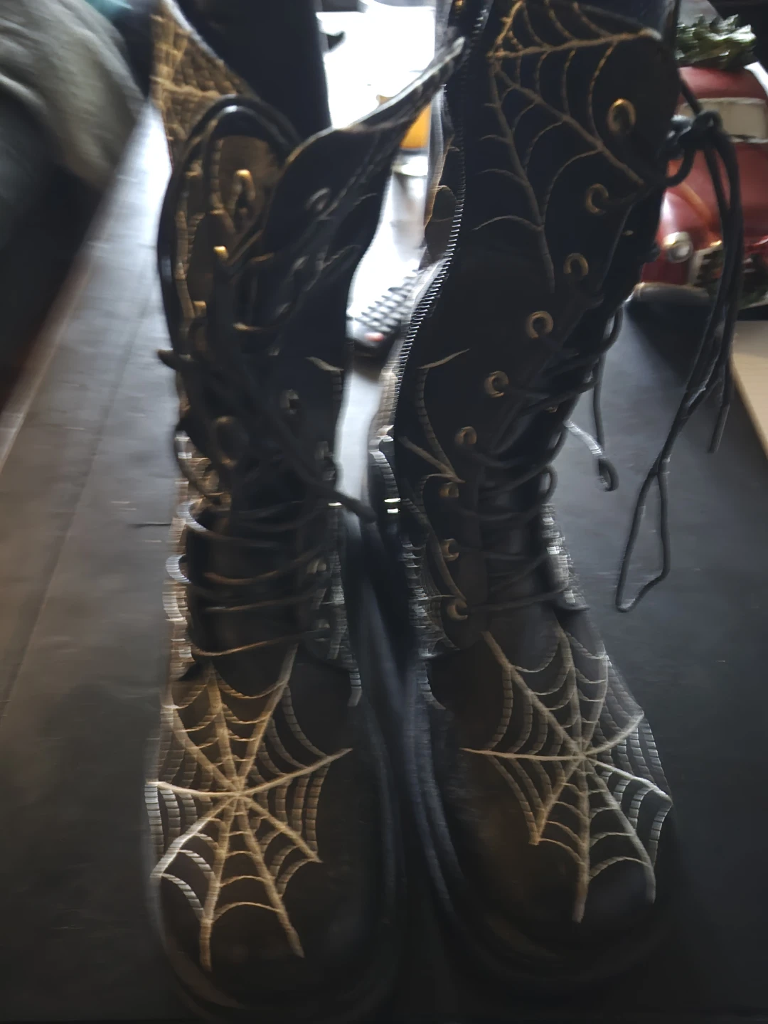 Black Combat Boots with White Spiderweb Design - photo 2