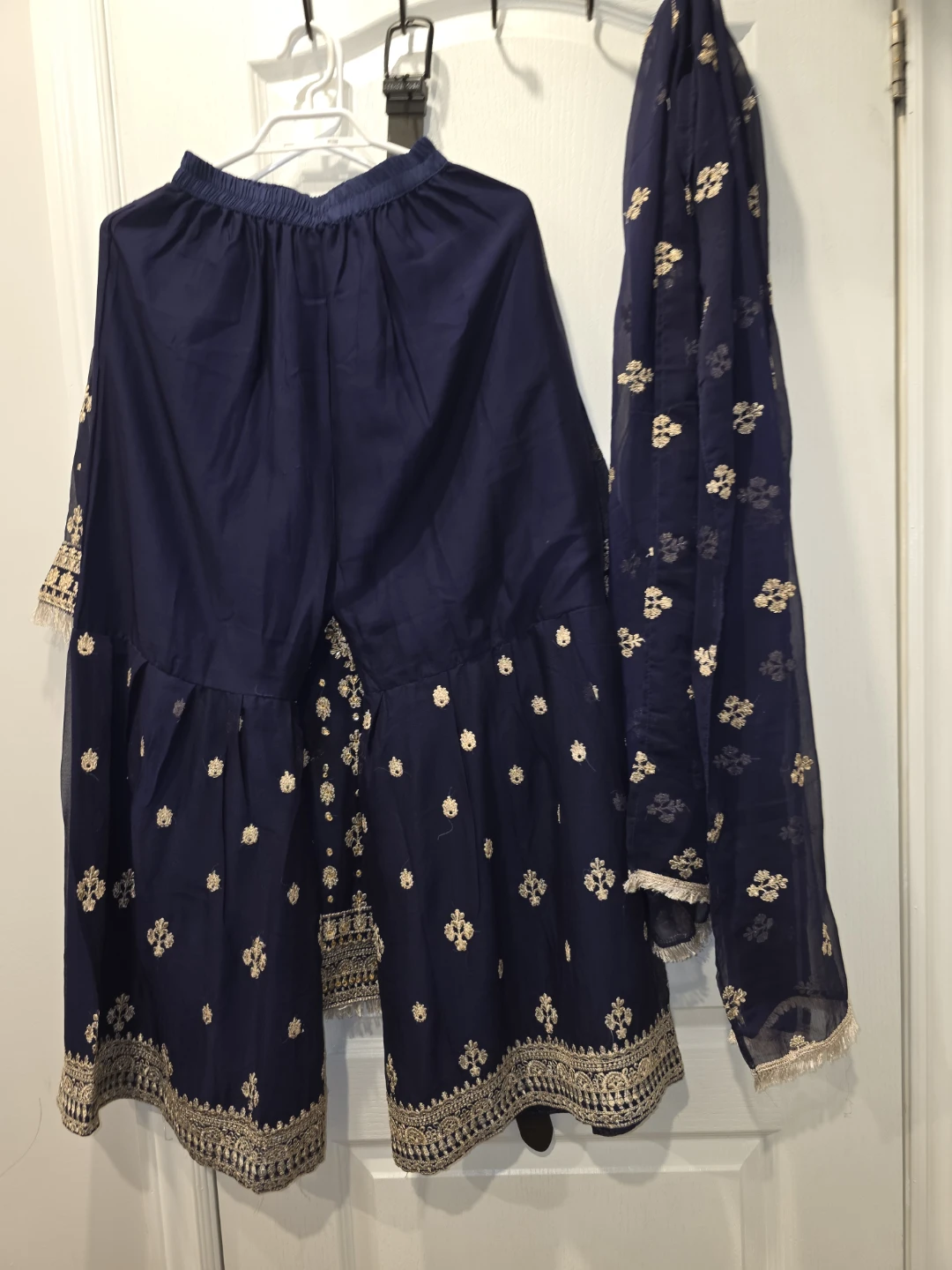 Navy Blue Embroidered Sharara Pants and Dupatta