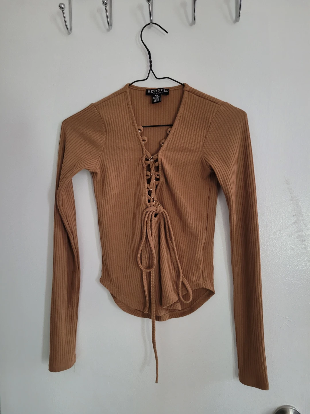 Revamped Brown Ribbed Lace-Up Long Sleeve Top