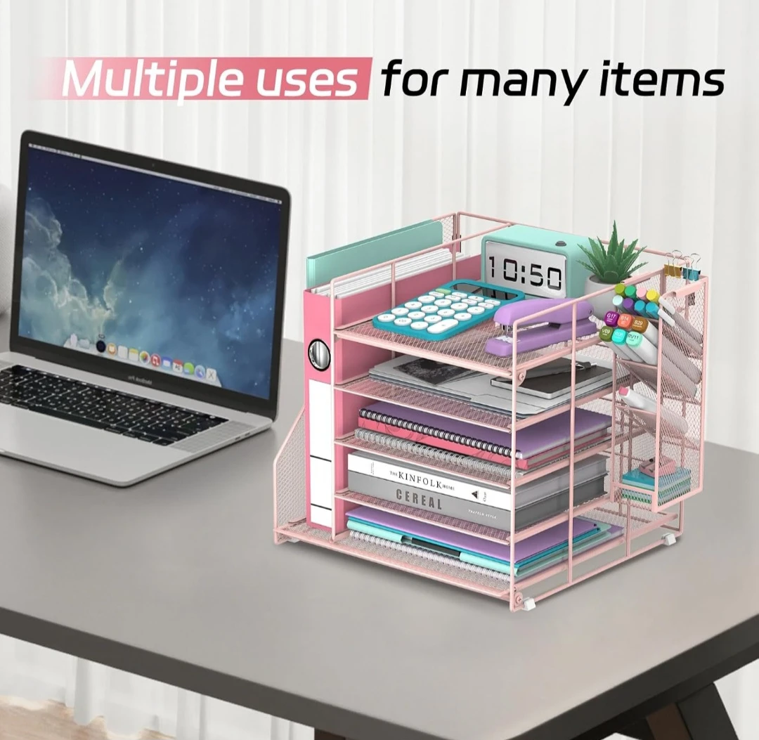 Pink Mesh Desk Organizer with Multiple Compartments - photo 3