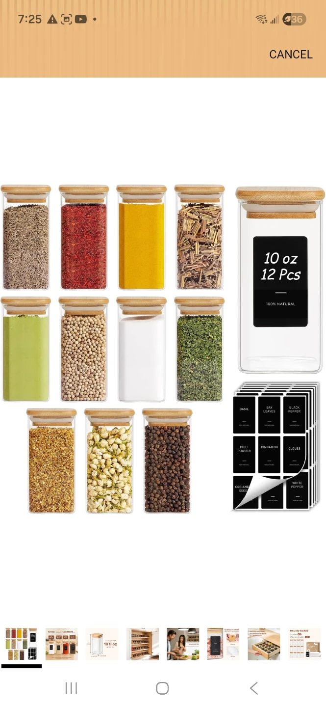 Set of 12 Square Glass Spice Jars with Bamboo Lids