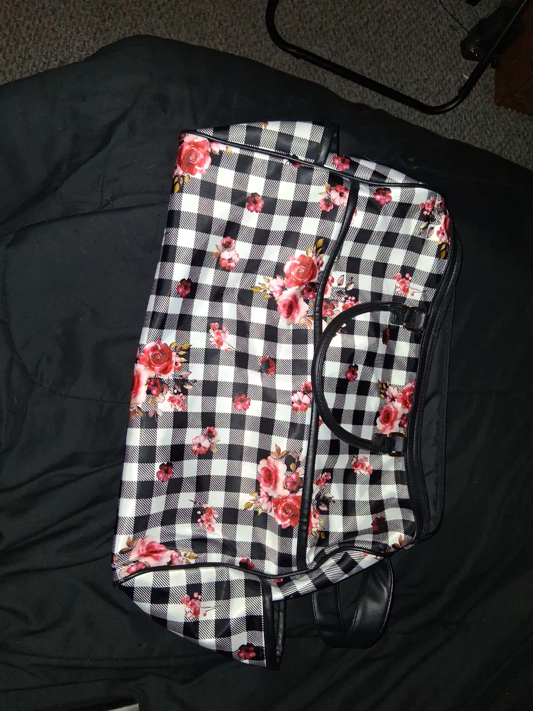 LD brand. Black and White Gingham Floral Duffel Bag