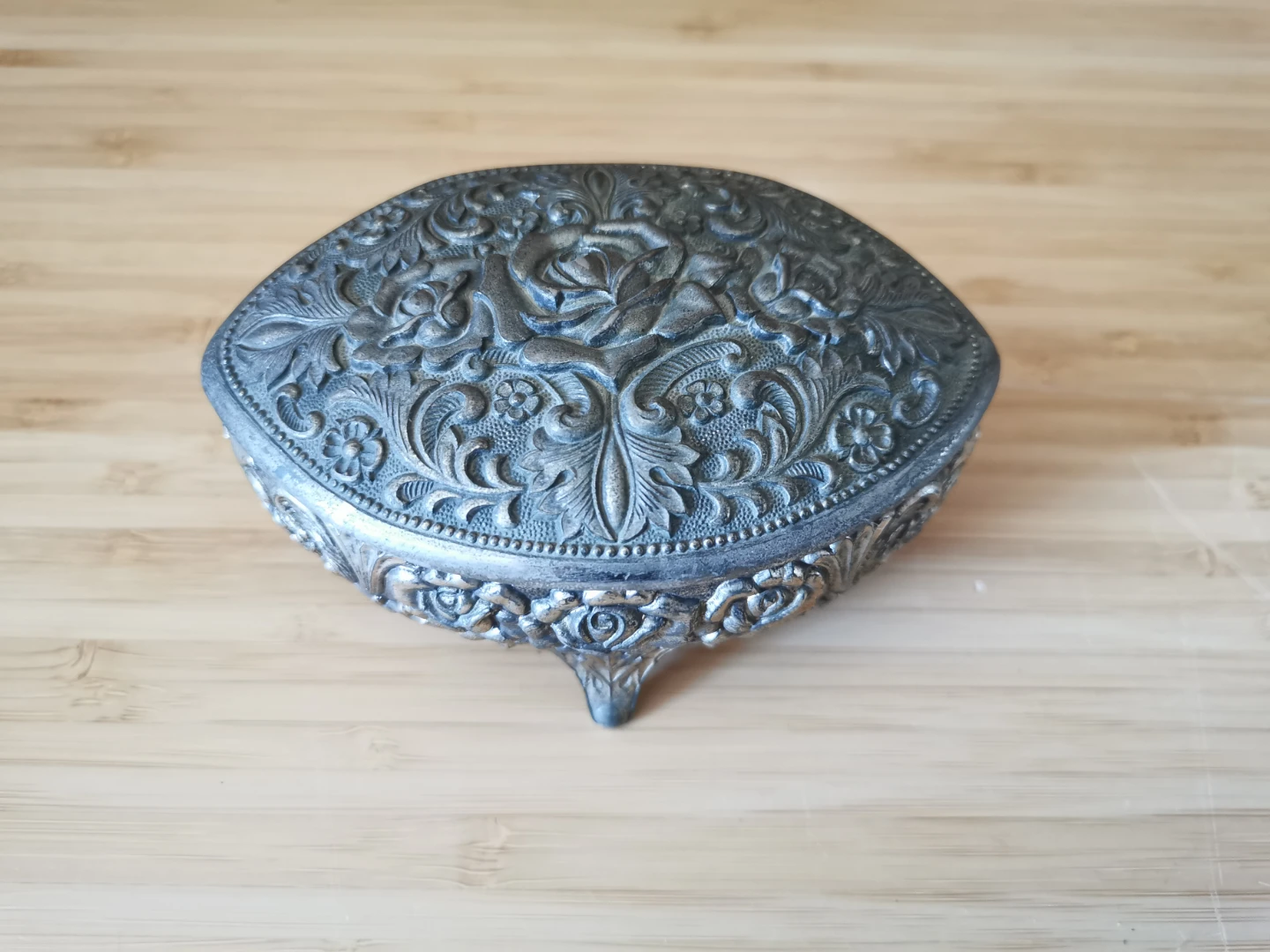 Vintage Silver Plated Floral Red Velvet Lined Trinket Box
