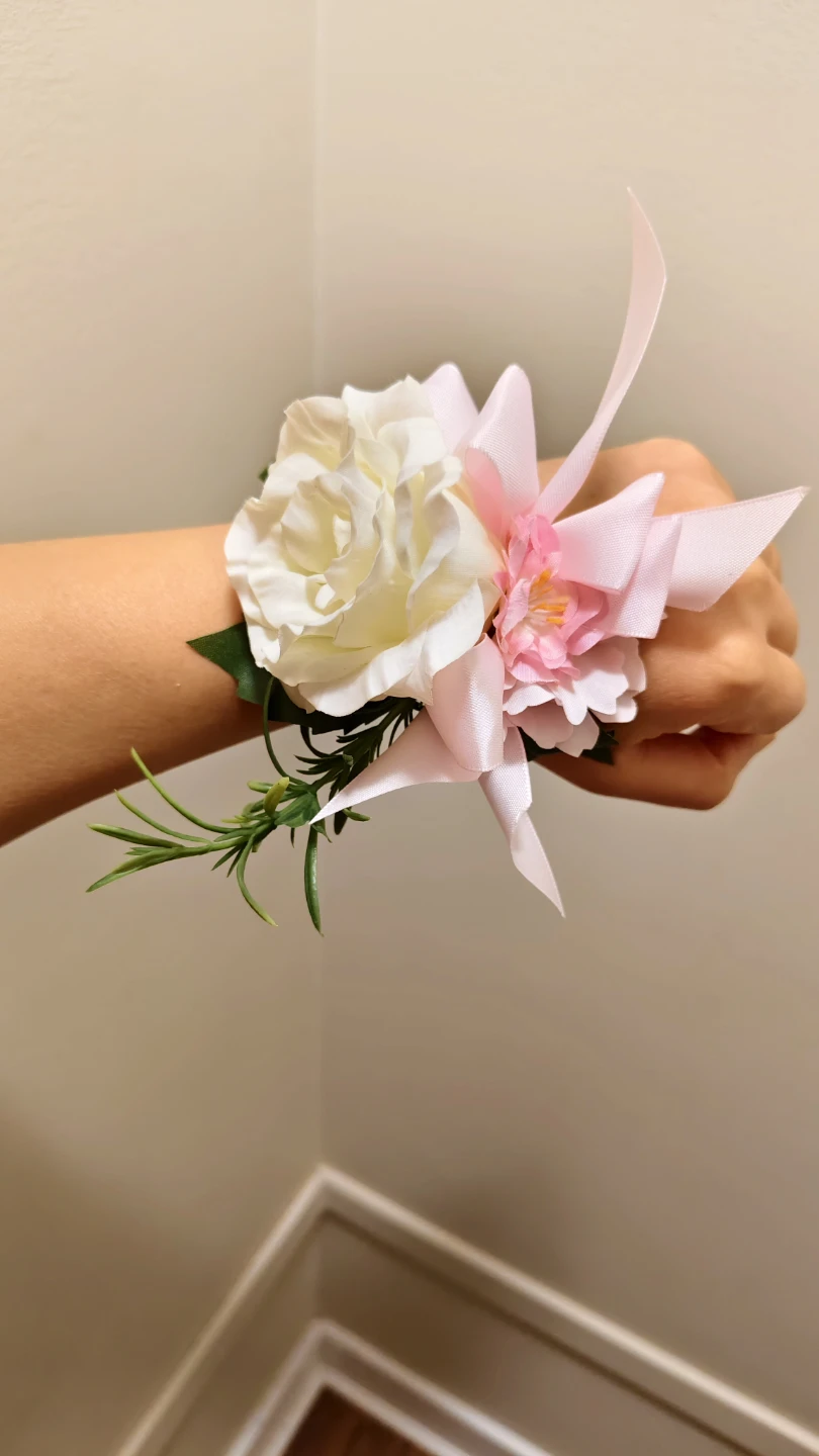 Artificial Wrist Corsage with White and Pink Flowers