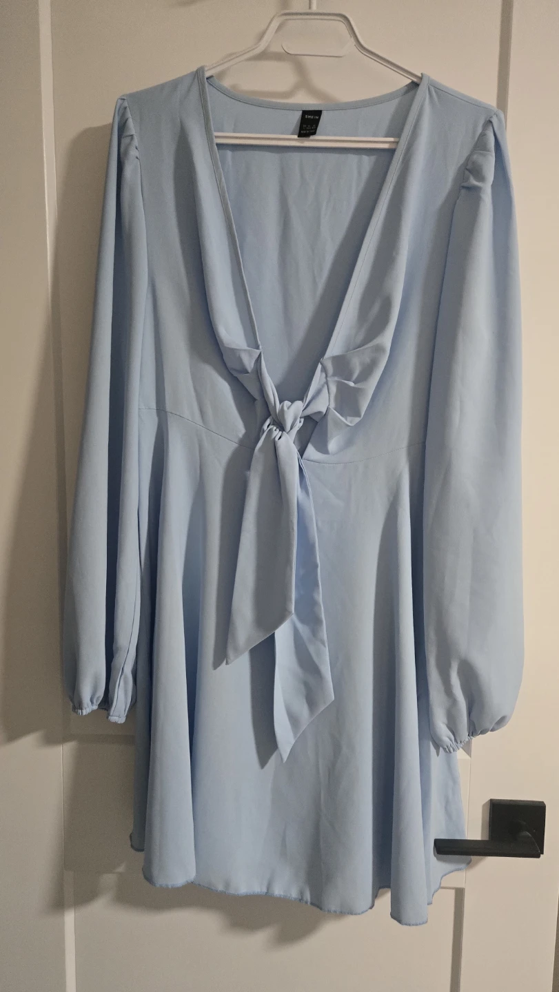 Light Blue Long Sleeve Tie-Front Dress
