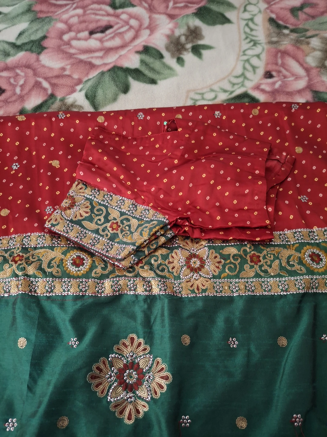 Red and Green Saree with Embellishments