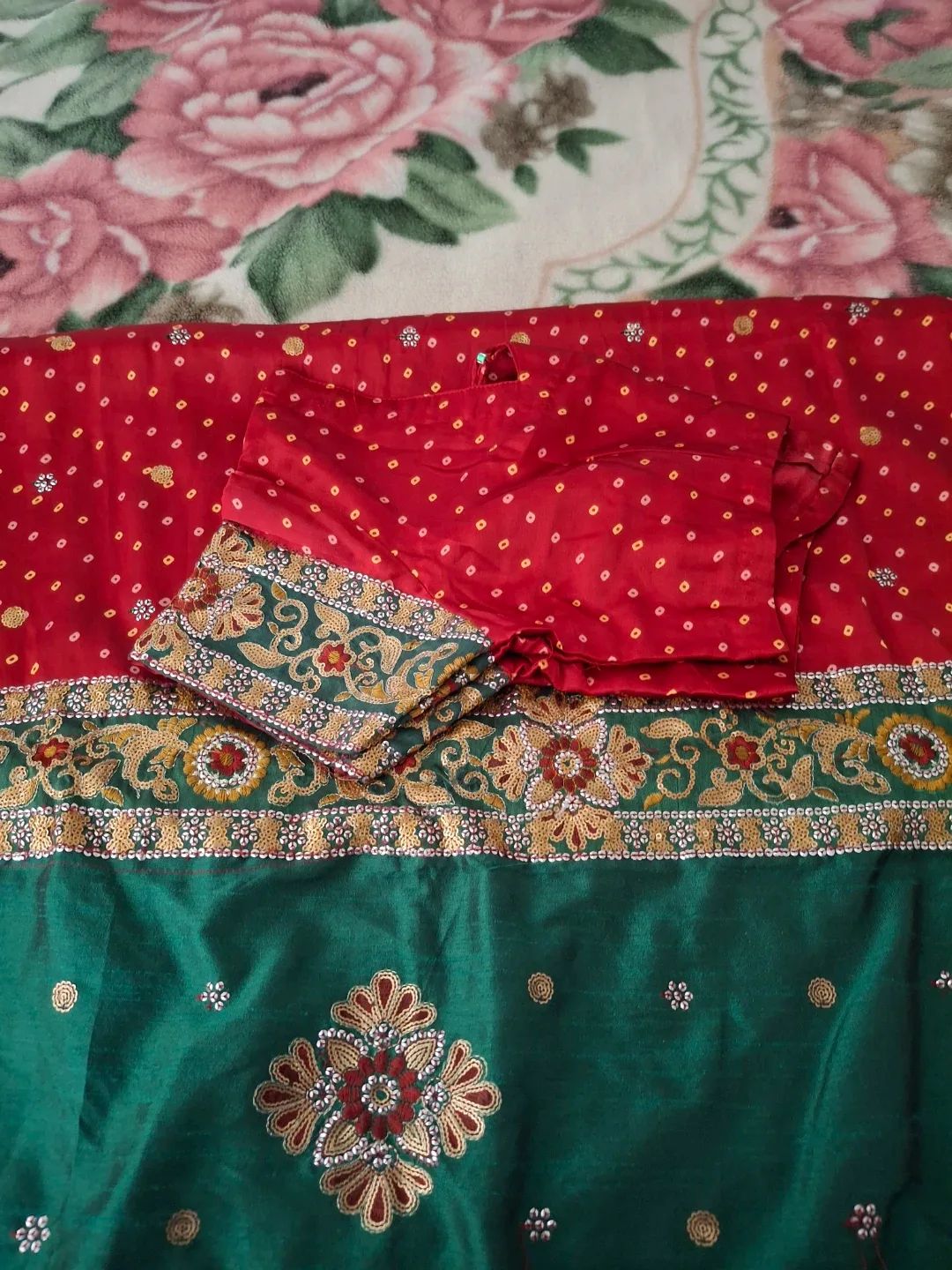 Red and Green Saree with Embellishments