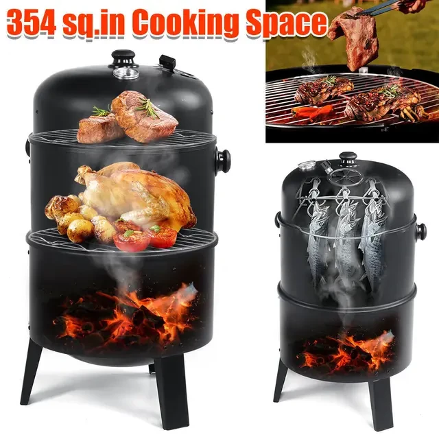 Black Vertical Smoker BBQ Grill with 354 sq. in. Cooking Space - photo 3