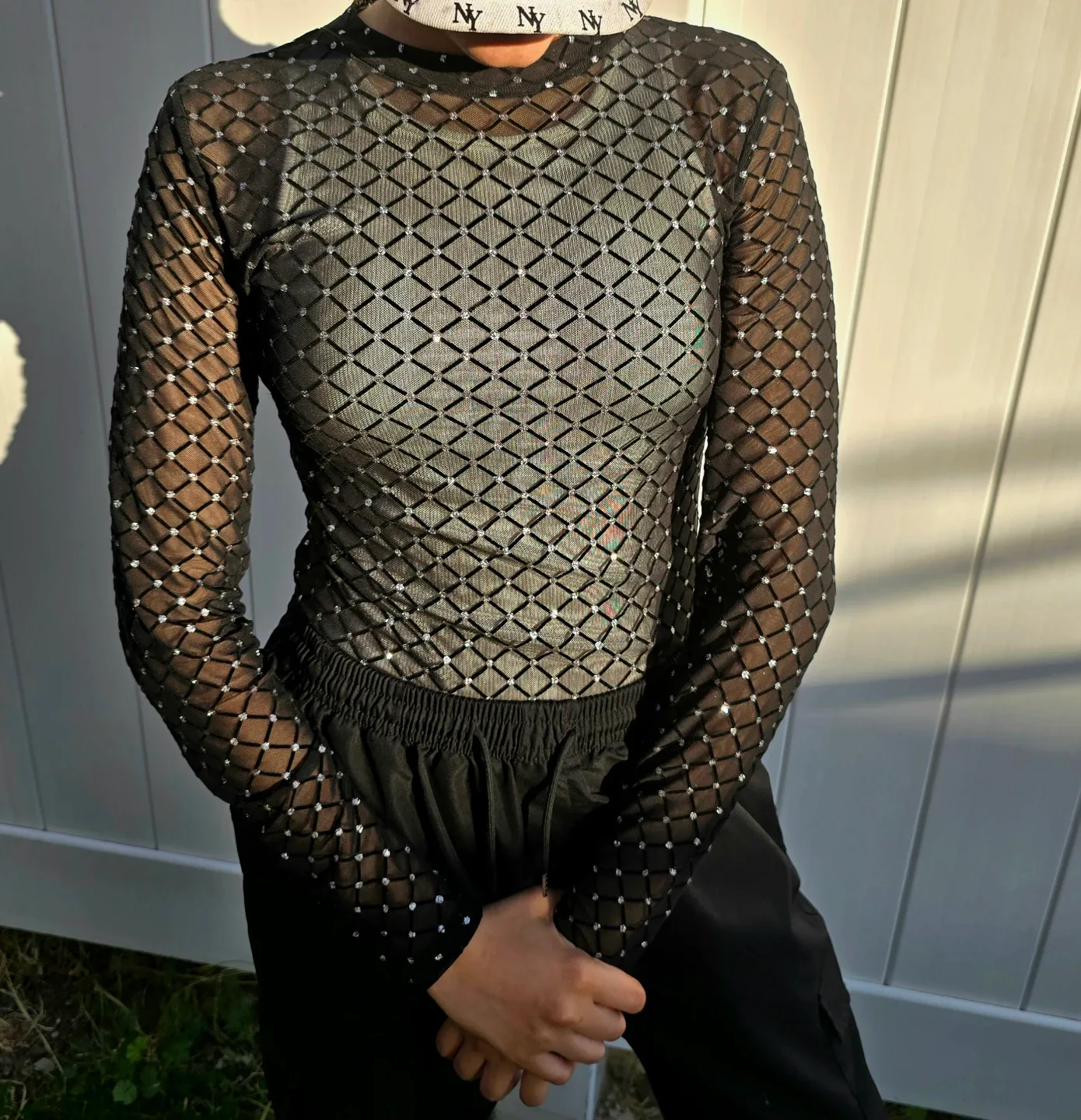 Black Mesh Diamond Pattern Top/Bodysuit - Size L