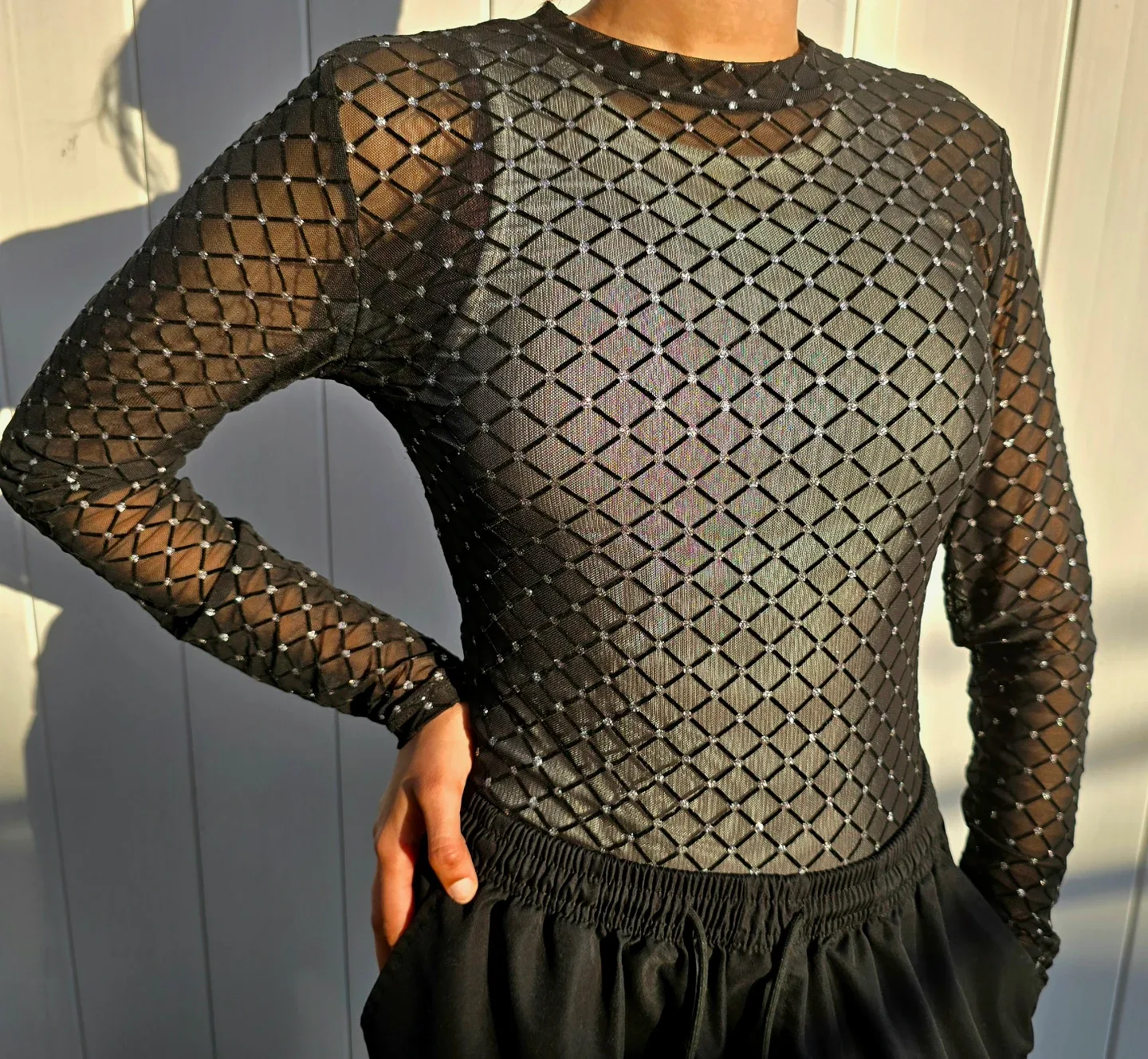 Black Mesh Diamond Pattern Top/Bodysuit - Size L - photo 2