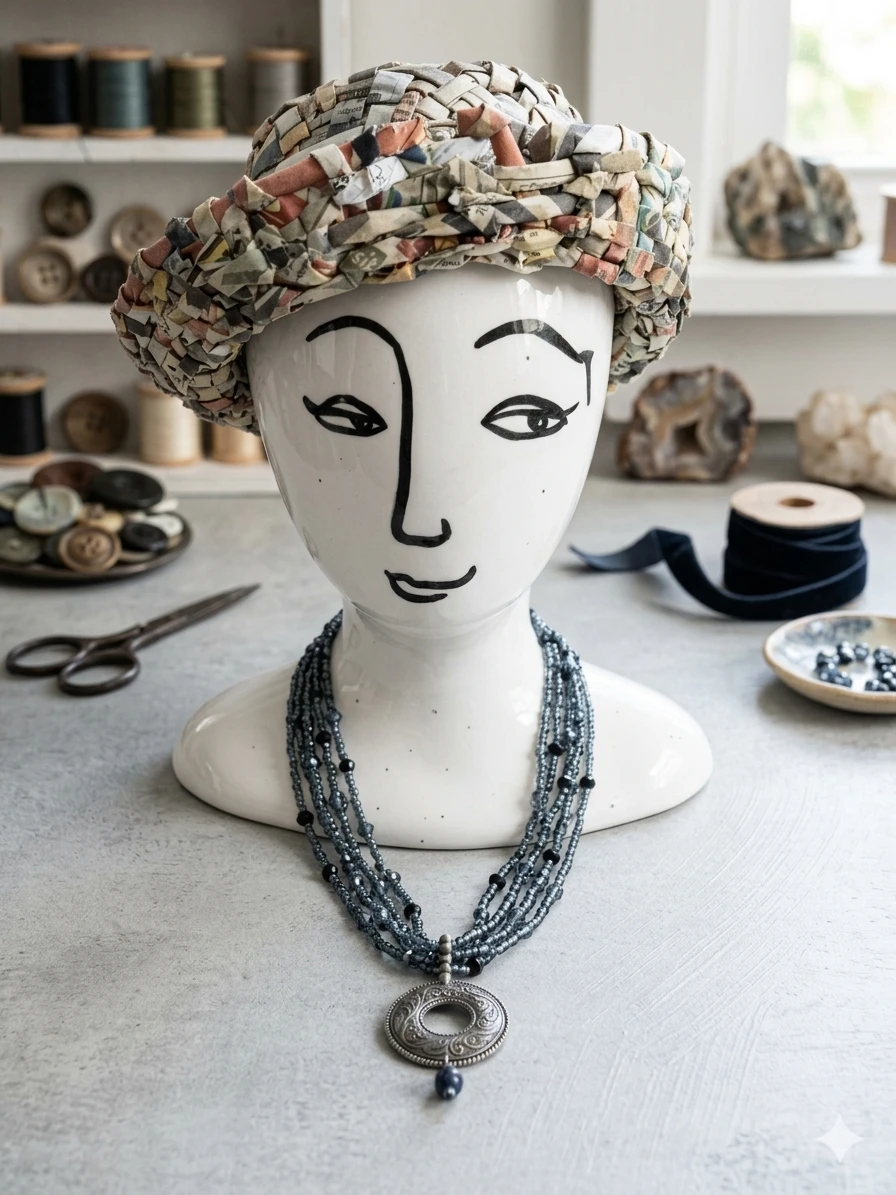 Multi-Strand Blue Beaded Necklace with Round Pendant