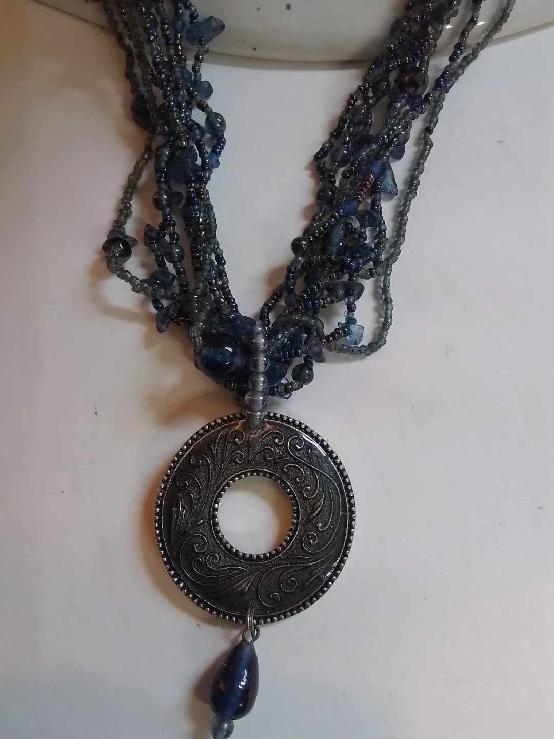 Multi-Strand Blue Beaded Necklace with Round Pendant - photo 2