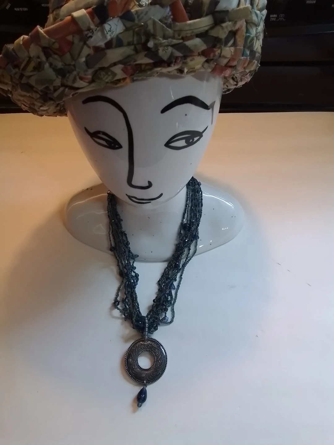 Multi-Strand Blue Beaded Necklace with Round Pendant - photo 4