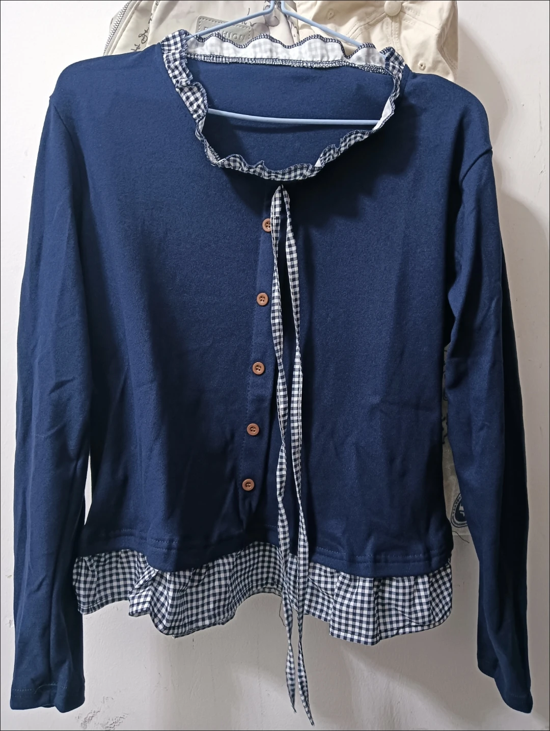 Navy Blue Long Sleeve Top with Gingham Ruffle