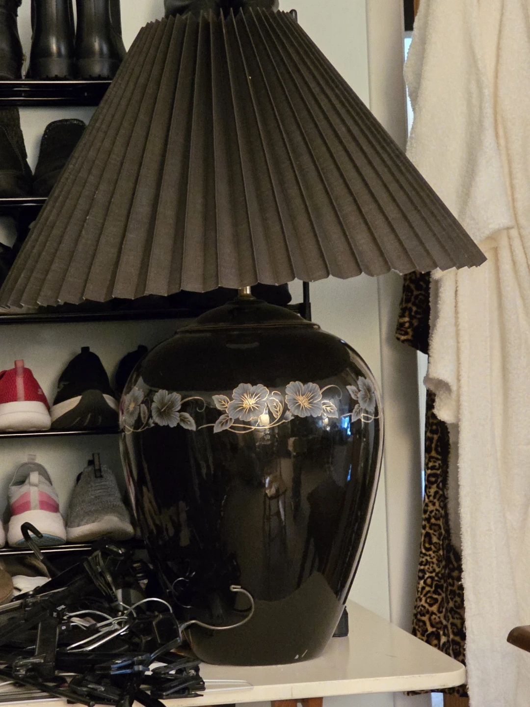 Black Ceramic Table Lamp with Floral Detail