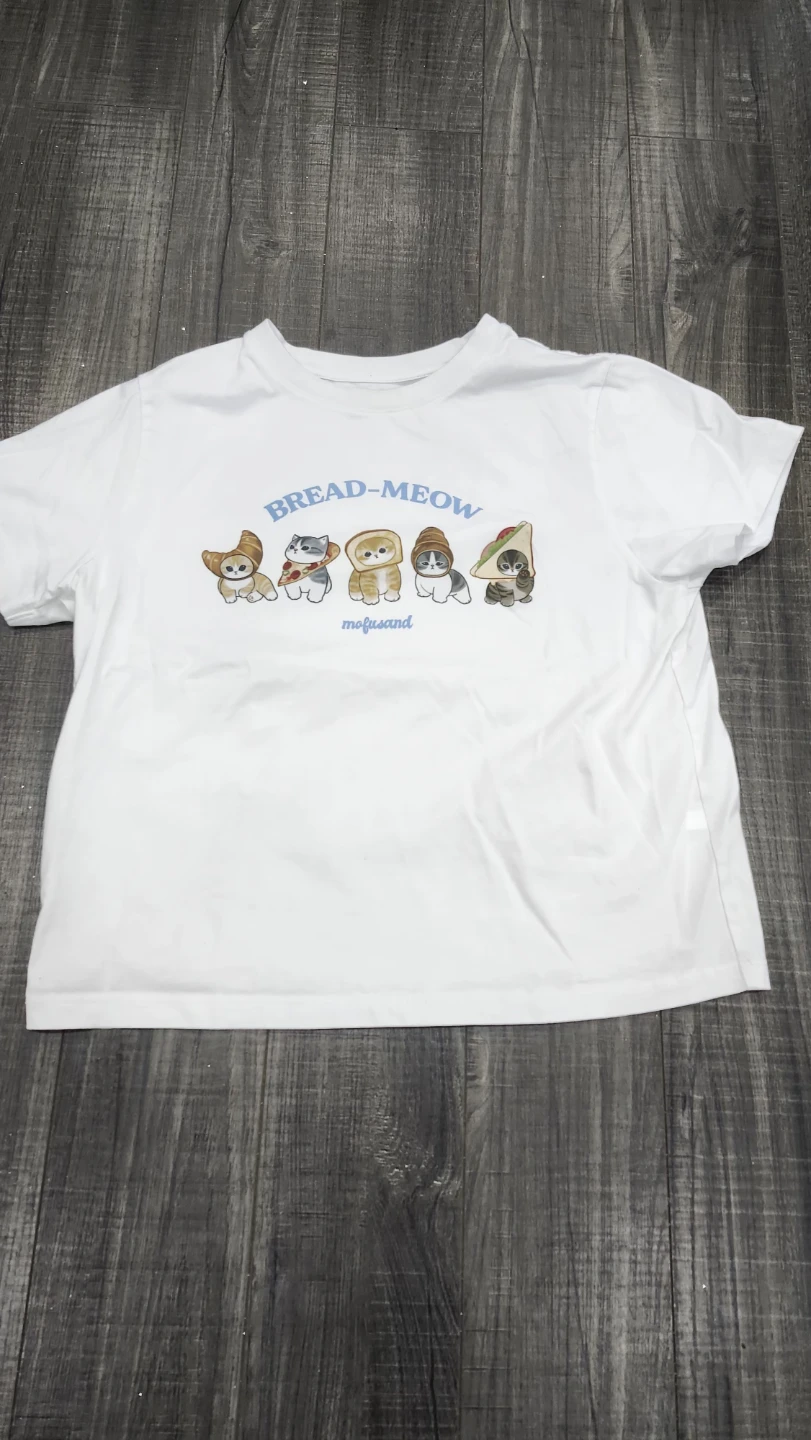 White T-Shirt with Bread-Meow Cat Graphic - photo 2