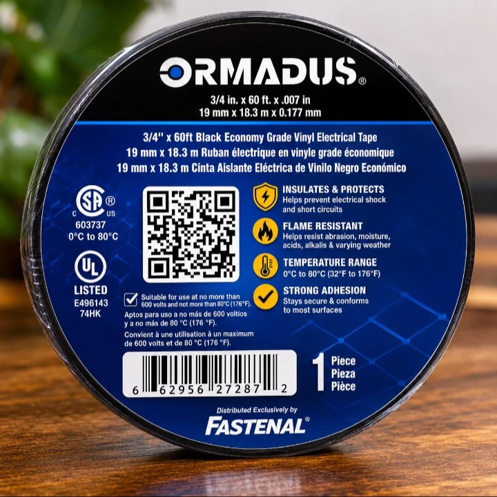 ORMADUS Electrical Tape - 3/4 in. x 60 ft. Black Vinyl