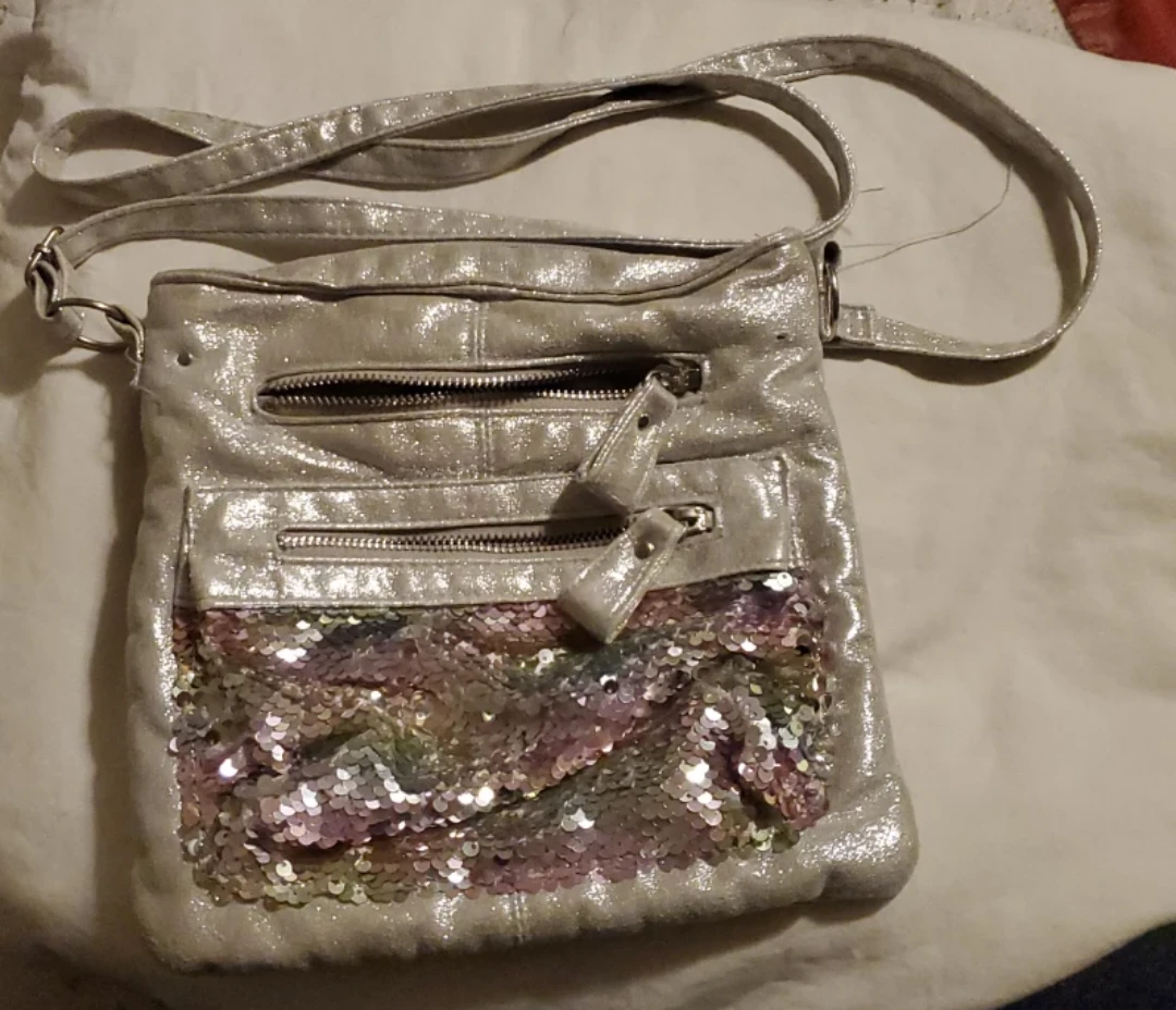 Silver Sequin Crossbody Bag with Zipper Pockets