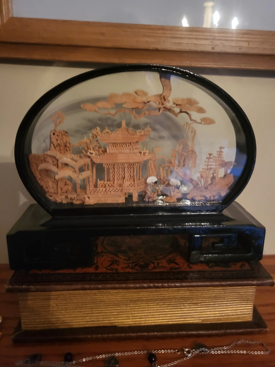 Vintage Cork Carving Diorama with Pagoda and Cranes