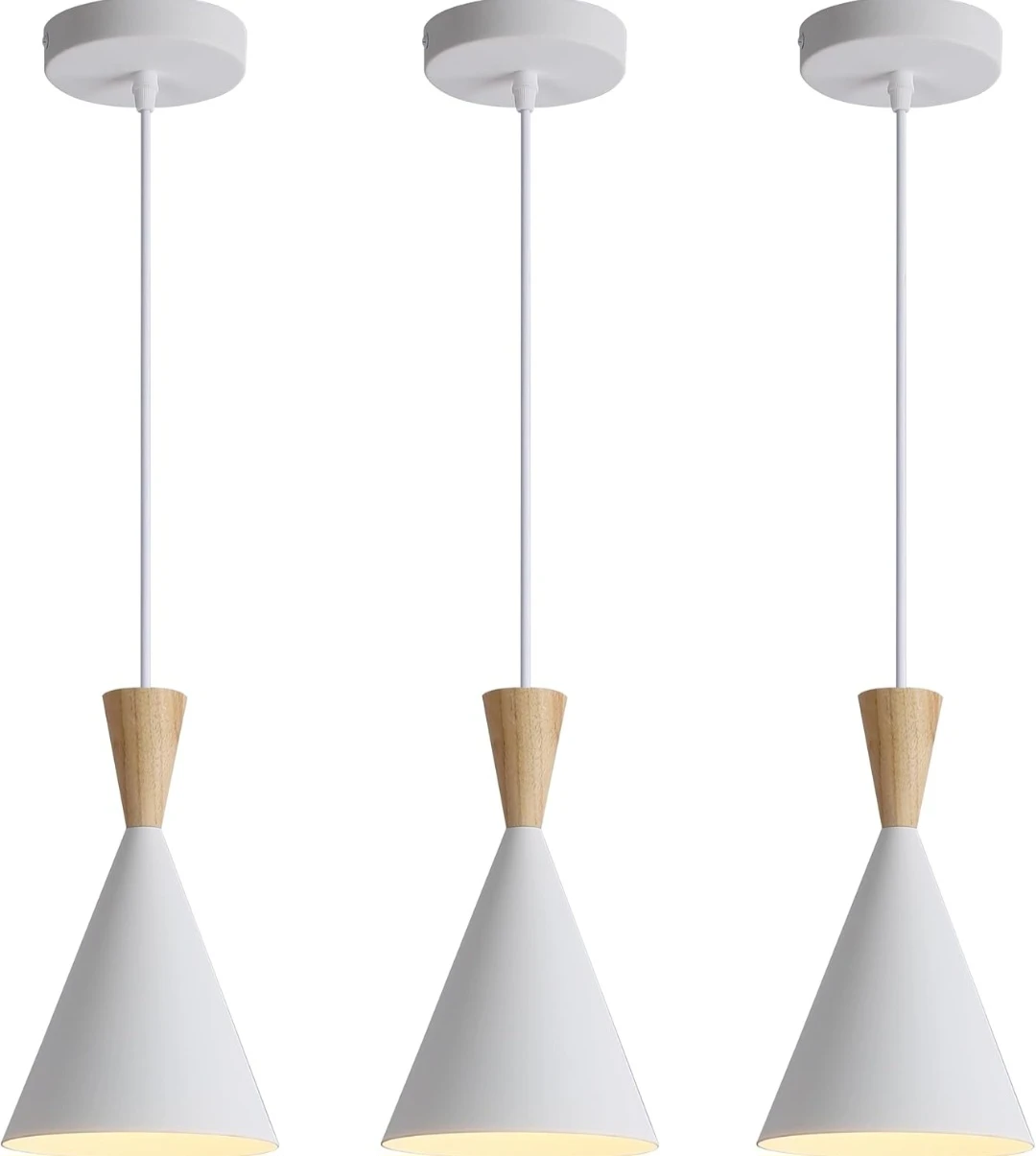 Set of 3 White Pendant Lights with Wood Accents