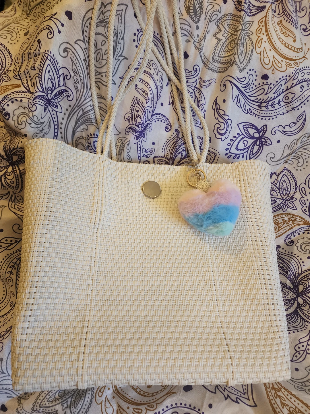 Woven Tote Bag with Heart Charm