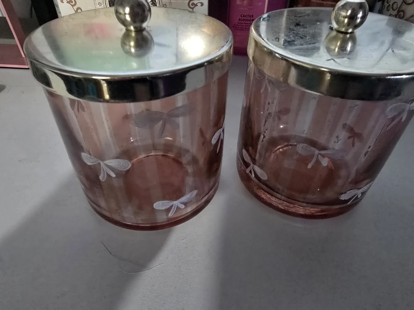 Pink Glass Jars with Lids - Set of 2