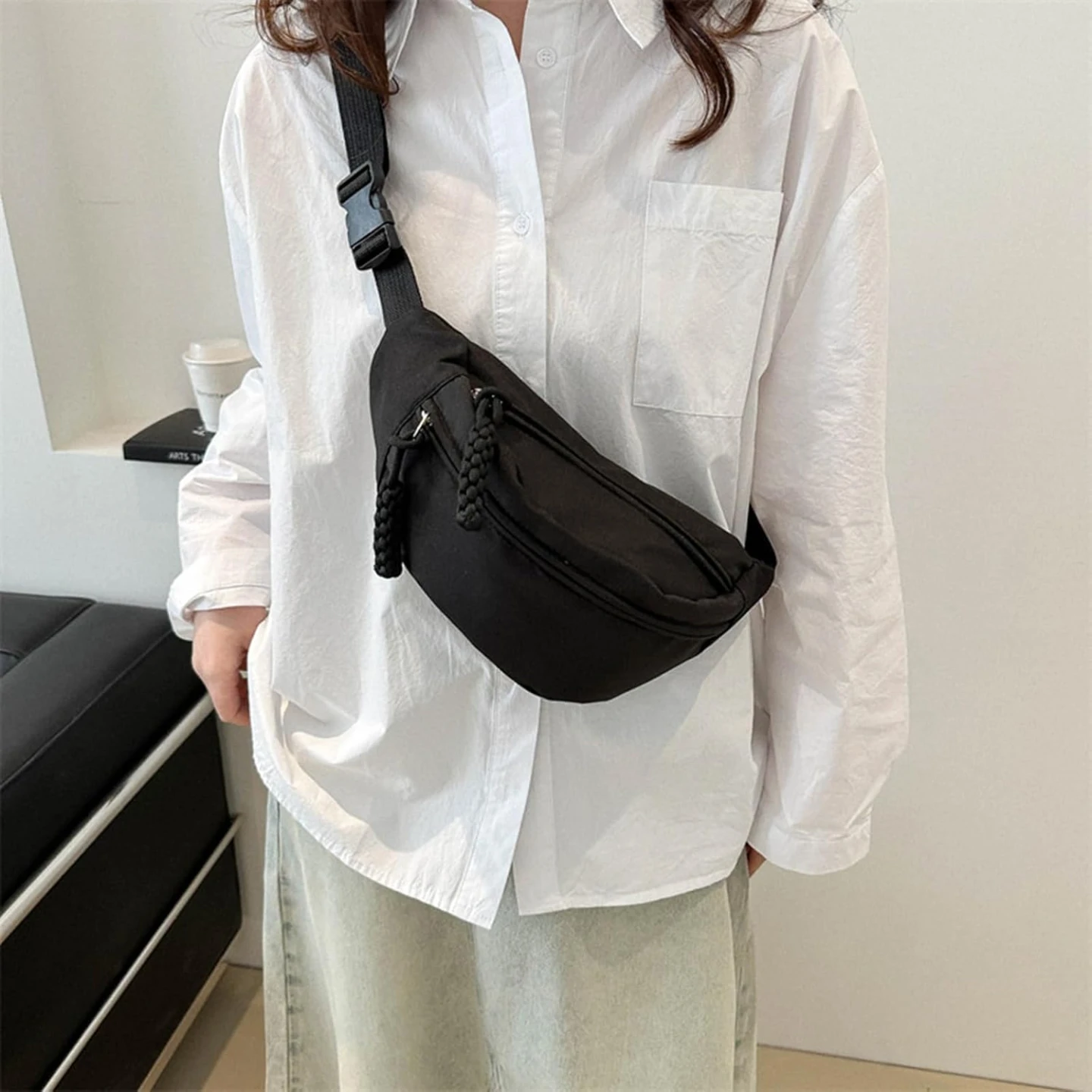 Black Fanny Pack with Braided Zipper Pull
