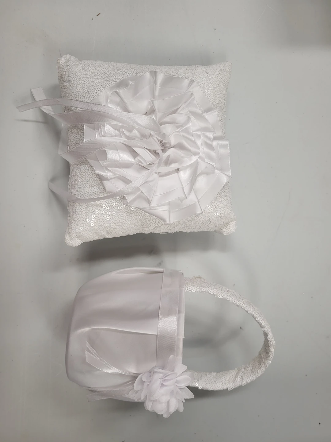 White sequin ring pillow and flower girl basket set