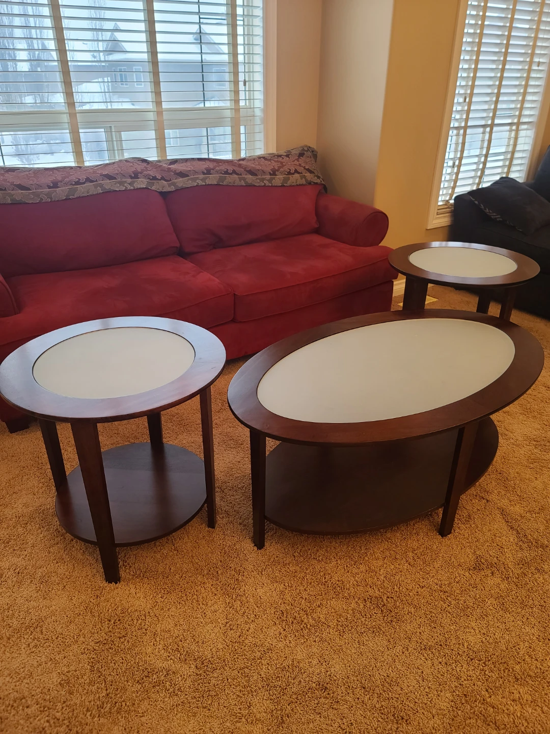 Set of 3 Wood End Tables with Frosted Glass Tops